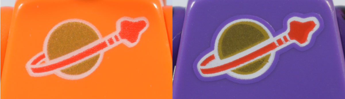 classic space logos on three different minifigure torsos